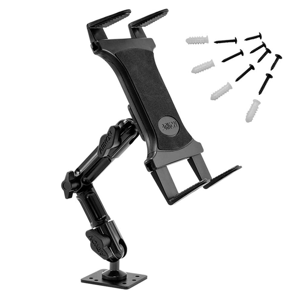 Heavy-Duty Tablet Holder - Adjustable Arm with Drill Base Mount for Cars, Dashboards, Walls, Desks, Trucks, Vehicles, Tabletops - Professional Flexible Stand for Apple iPad & Android Tablets