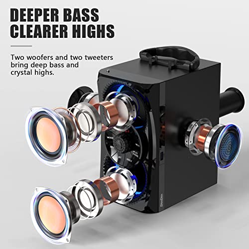 Bluetooth Speaker, Portable Wireless Speakers with Lights, 2 Double Subwoofer Heavy Bass, 2 Loud Speaker, FM Radio, SD Player, Remote, Suitable for Travel, Indoor and Outdoor