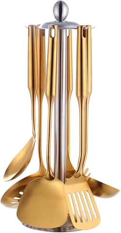 Set of 7 Titanium Plated Kitchen Utensils with Holder
