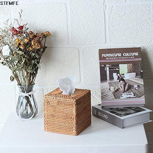 Square Rattan Tissue Box Cover, Hand Woven Wicker Tissue Holder, 5.7 x 5.7X 5.7 inches