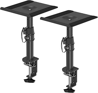 Clamp-on speaker stand set with adjustable height and tilt, includes two trays