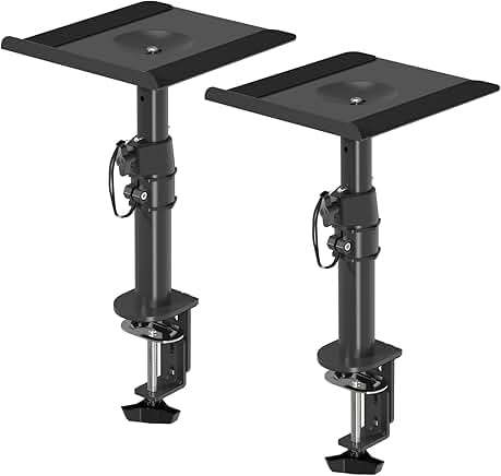 Clamp-on speaker stand set with adjustable height and tilt, includes two trays