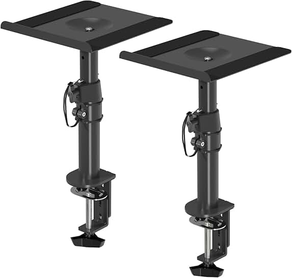 Clamp-on speaker stand set with adjustable height and tilt, includes two trays