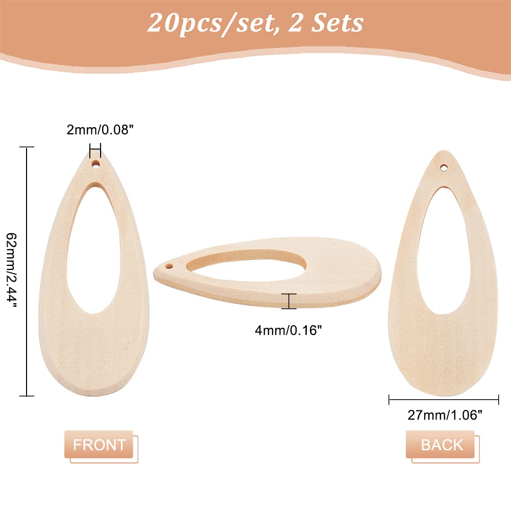 Wooden Tear Charms - 40pcs Hollow Teardrop Pendants