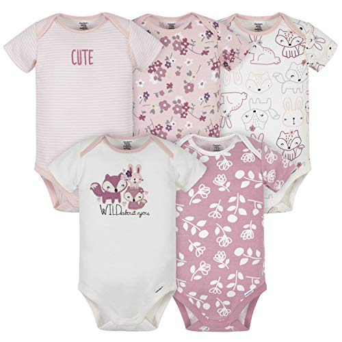 Baby Girls 5-Pack Short Sleeve Onesies Bodysuits, Pink Fox Print, 3-6 Months