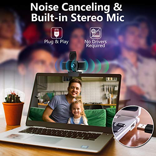 Webcam with Microphone (Noise Cancelling) 1080P Full HD Privacy Cover USB Driver Adjustable Focus for Desktop Computer Gaming Live Streaming Video Conference Zoom Meeting Web Camera