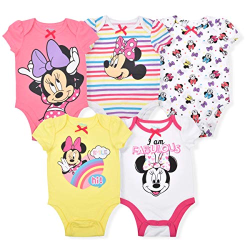 Minnie Mouse Girl's 5-Piece Short Sleeve Baby Bodysuit Creeper Set, Pink/White/Yellow, Size 12-18 Months