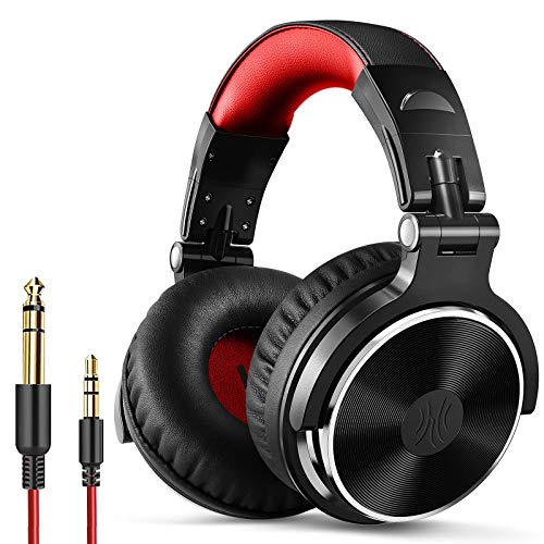 Over Ear Headphone, Wired Bass Headsets with 50mm Driver, Foldable Lightweight Headphones with Shareport and Mic for Recording Monitoring Podcast Guitar PC TV - (Red)
