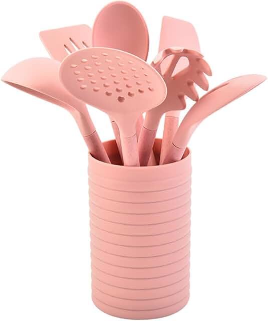 Silicone Kitchen Utensils with Wooden Handles and Storage Bucket