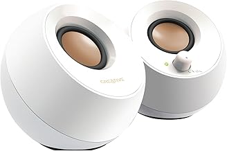 White USB-powered desktop speakers with far-field drivers