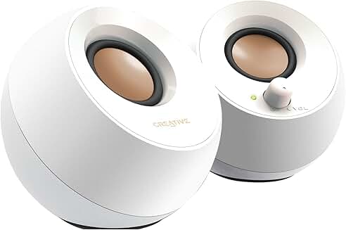 White USB-powered desktop speakers with far-field drivers