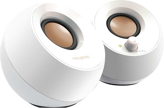 White USB-powered desktop speakers with far-field drivers