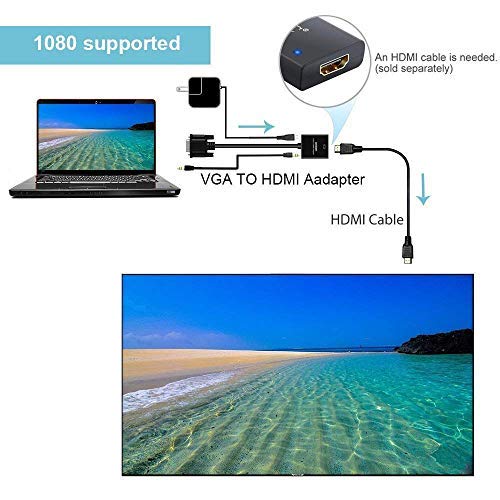 VGA to HDMI, 1080P VGA to HDMI Adapter (Male to Female) for Computer, Desktop, Laptop, PC, Monitor, Projector, HDTV with Audio Cable and USB Cable (Black)