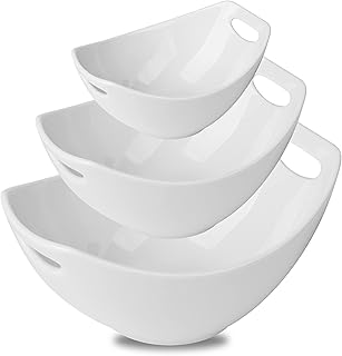 Set of 3 White Porcelain Serving Bowls with Handles