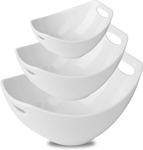 Set of 3 White Porcelain Serving Bowls with Handles