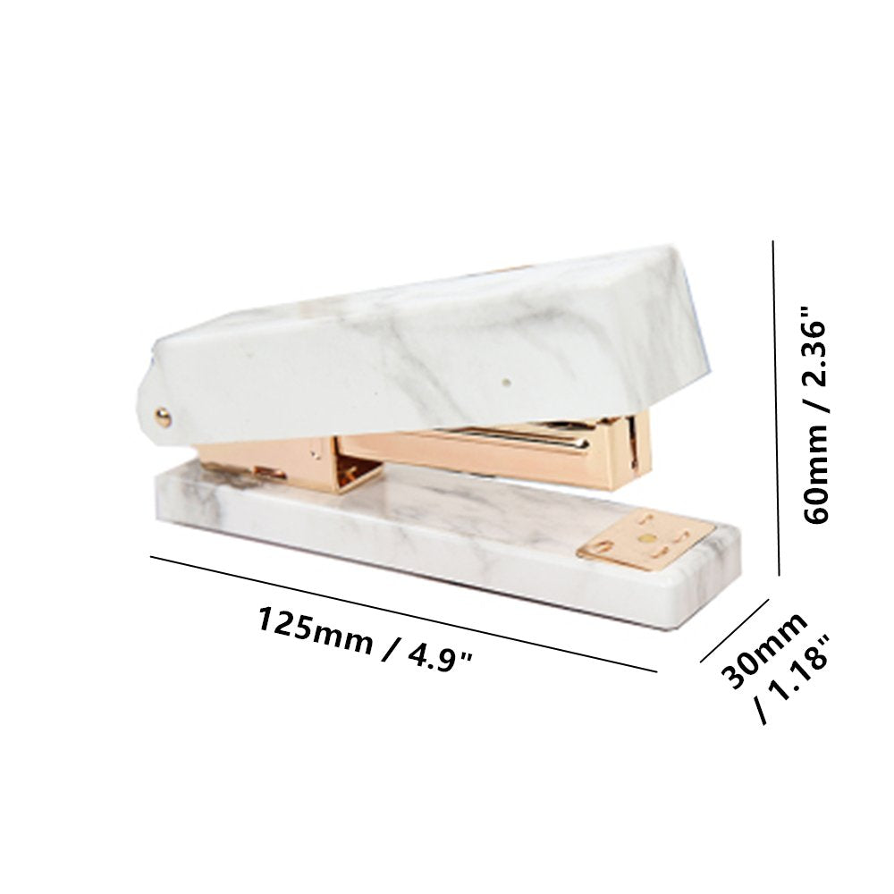 White marble desk stationery set with pen holder, tape dispenser, and stapler