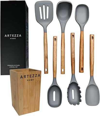7-Piece Silicone Kitchen Utensil Set with Wood Handles