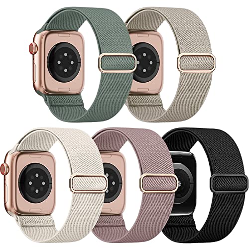 5 Pack Stretchy Nylon Compatible for Apple Watch Ultra Band 38mm 40mm 41mm 42mm 44mm 45mm 49mm Women Men,Elastic Cloth Sport Wristbands Solo Loop for iWatch Series 8 7 6 SE 5 4 3(38,Starlight)