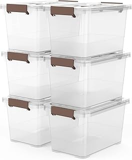 Six clear 7-quart stackable storage boxes with handles
