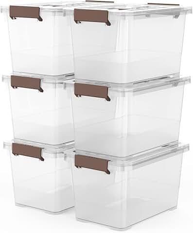 Six clear 7-quart stackable storage boxes with handles