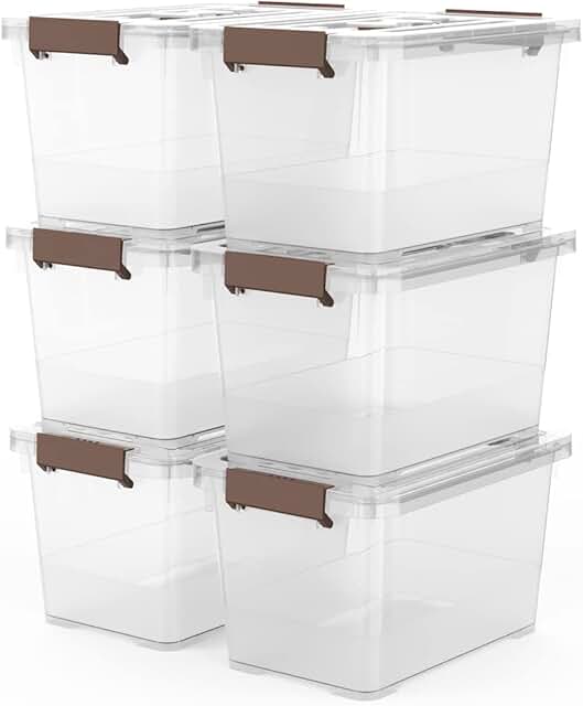 Six clear 7-quart stackable storage boxes with handles