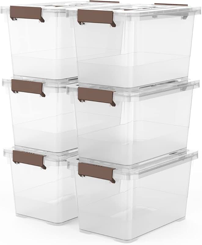 Six clear 7-quart stackable storage boxes with handles