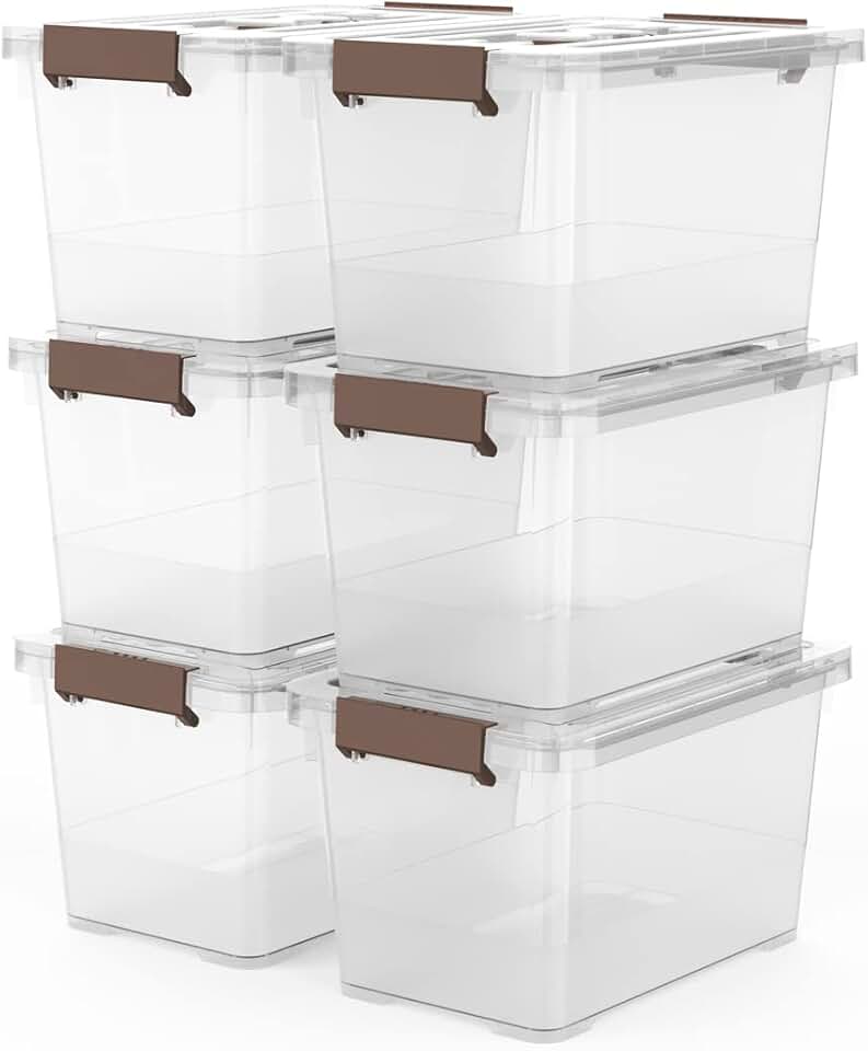 Six clear 7-quart stackable storage boxes with handles