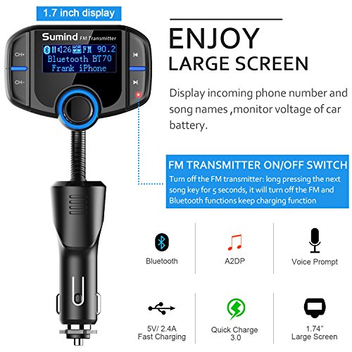 (Upgraded Version) Bluetooth FM Transmitter, Wireless Radio Adapter Hands-Free Car Kit with 1.7 Inch Display, QC3.0 and Smart 2.4A Dual USB Ports, AUX Input/Output, TF Card Mp3 Player