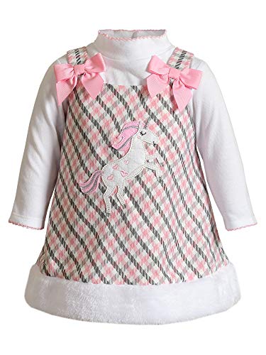 Baby Girls' Poly Plaid Jumper with Long Sleeve Bodysuit and Faux Fur Trim, Pink/Multi, 0-3M