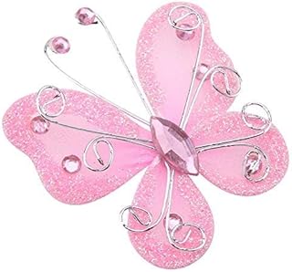 24 Pink Sheer Mesh Glitter Butterfly Decorations