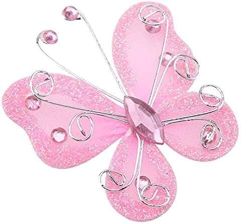24 Pink Sheer Mesh Glitter Butterfly Decorations