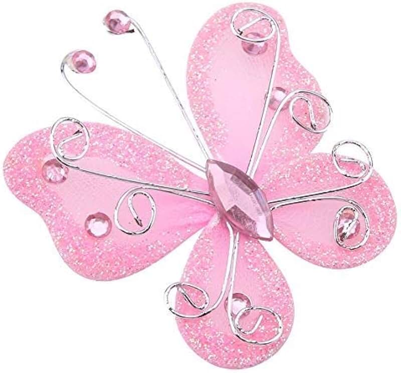 24 Pink Sheer Mesh Glitter Butterfly Decorations