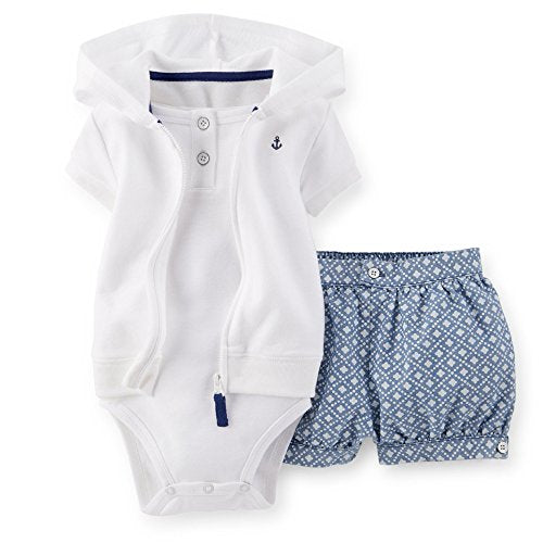 Little Girls' 3 Piece Cardigan Shorts Set (3M, White)