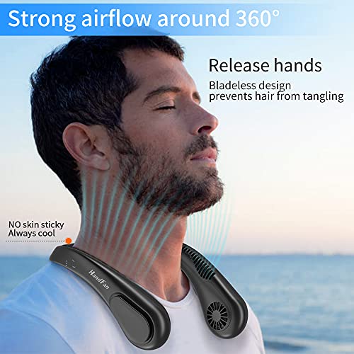 Bladeless Neck Fan 5000mAh, Necklace Fan Battery Operated 4 speeds, Wearable Fan Rechargeable Strong Airflow, Hands-Free Fan Portable, for Outdoor Activities Travel Office Home (Black)