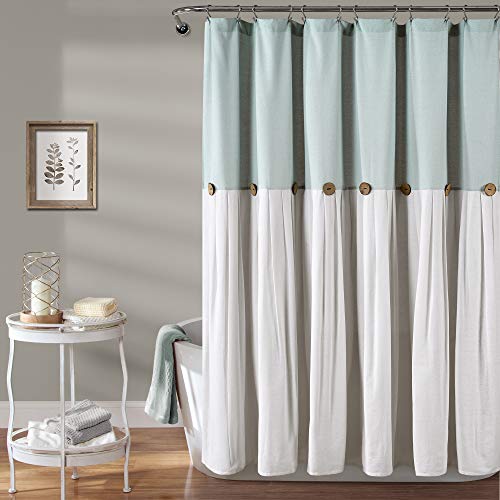 Linen Button Shower Curtain, 72" x 72", Blue  Off-White