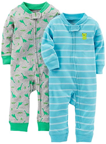 Baby Boys' Cotton Footless Sleep and Play, Pack of 2, Light Blue, Dinosaur/Stripe, 3-6 Months