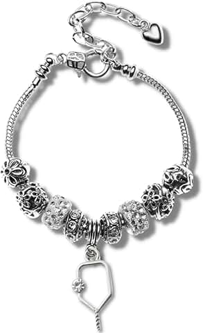 Silver Pickleball Beaded Charm Bracelet for Women