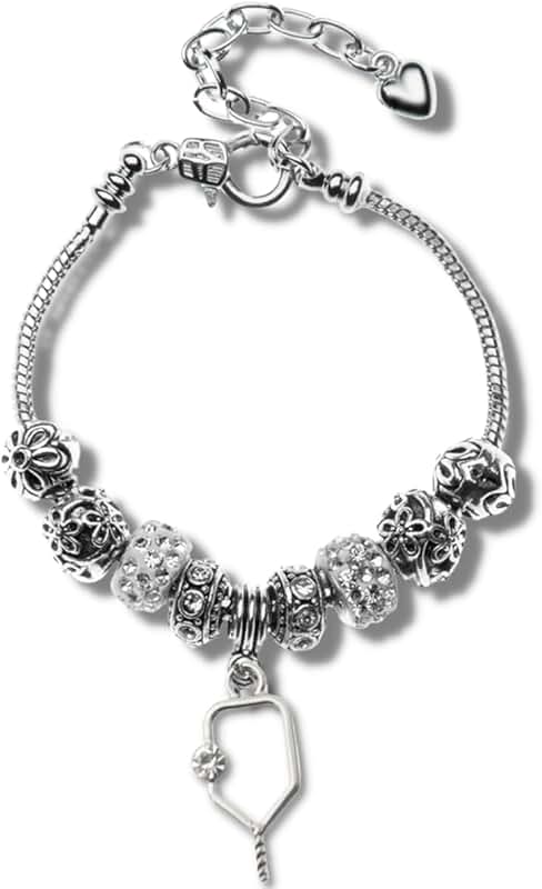 Silver Pickleball Beaded Charm Bracelet for Women