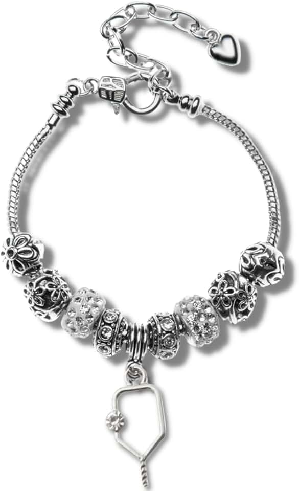 Silver Pickleball Beaded Charm Bracelet for Women