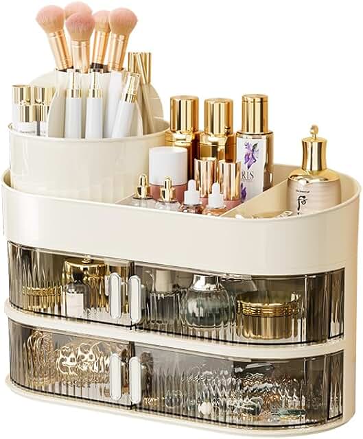 3-Tier Rotating Makeup Organizer with Dust-Proof Drawers