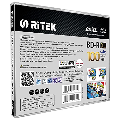 10 Pack BD-R XL BDXL 100GB Triple Layers 4X White Inkjet Hub Printable Blank Disc w/Standard Jewel Case, BDR1004-RTKIWN1JC