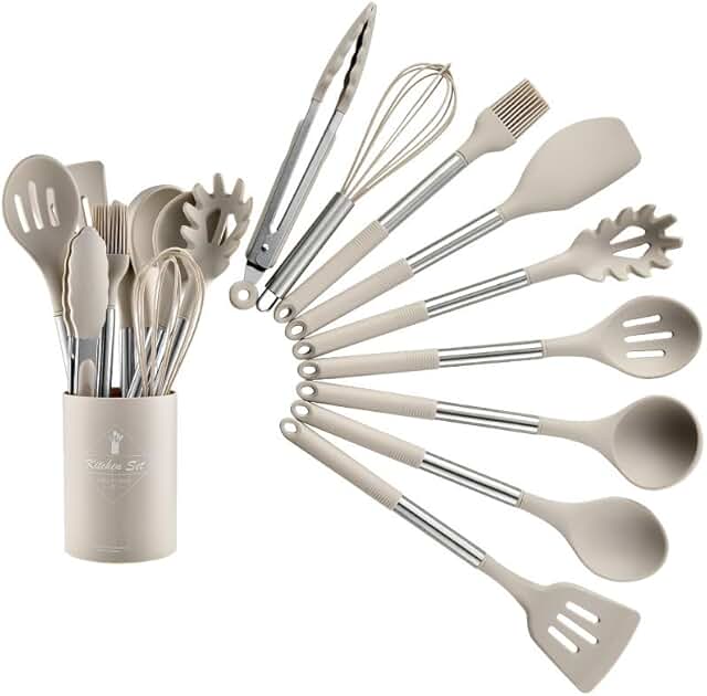 Silicone Cooking Utensil Set with Stainless Steel Handles