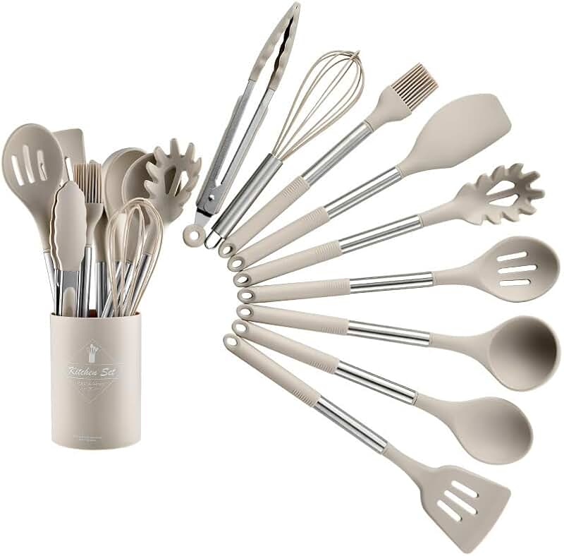 Silicone Cooking Utensil Set with Stainless Steel Handles