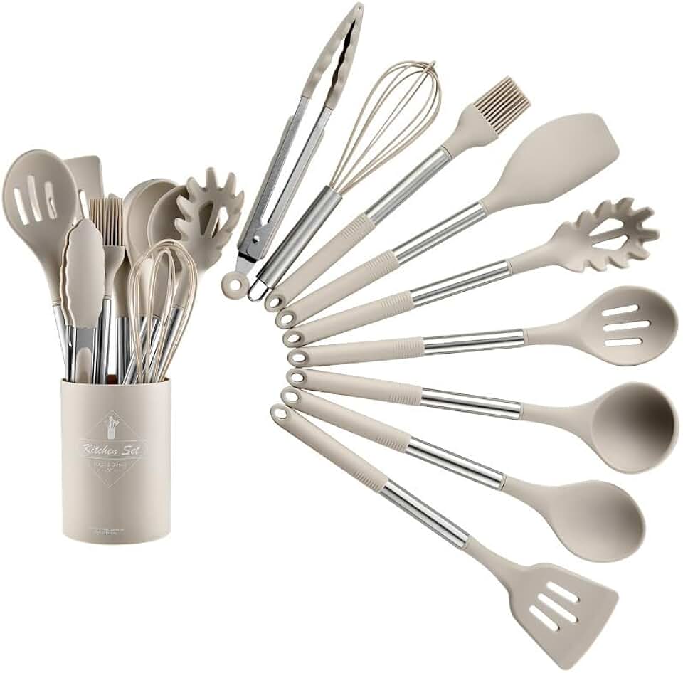 Silicone Cooking Utensil Set with Stainless Steel Handles