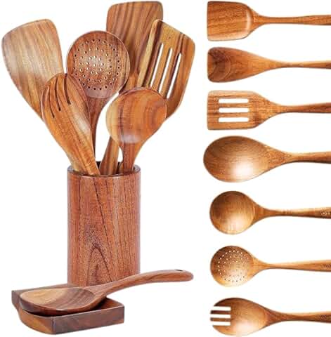 9-Piece Natural Teak Kitchen Utensil Set with Spoon Rest