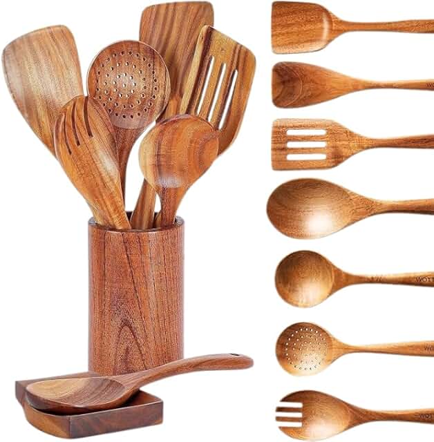 9-Piece Natural Teak Kitchen Utensil Set with Spoon Rest