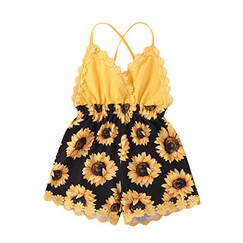 Toddler Baby Girls Romper,   Cute Sunflower Print Lace Trim Backless Jumpsuit Summer Shorts Babysuit (Black, 0-3 Months)