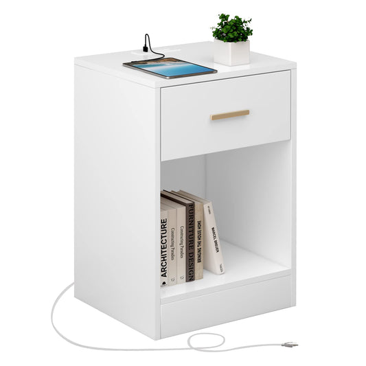 Nightstand with Charging Station, End Side Table with Storage Dr er and Open Cabinet, Bedside Table for Bedroom, White
