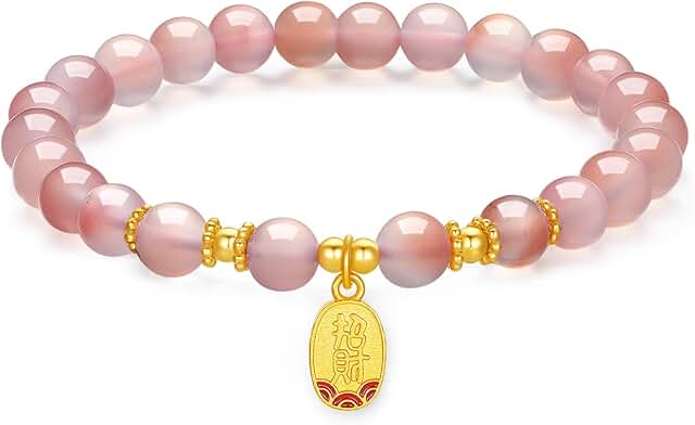 Pink Agate Beaded Silver Bracelet with Fortune Pendant