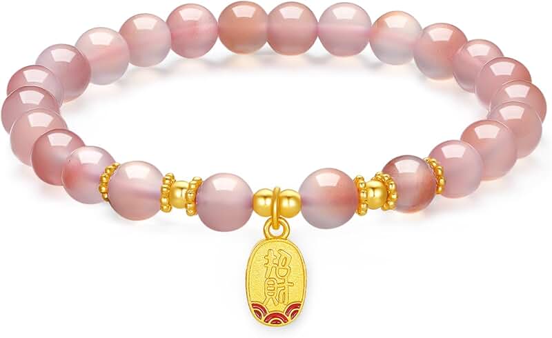 Pink Agate Beaded Silver Bracelet with Fortune Pendant